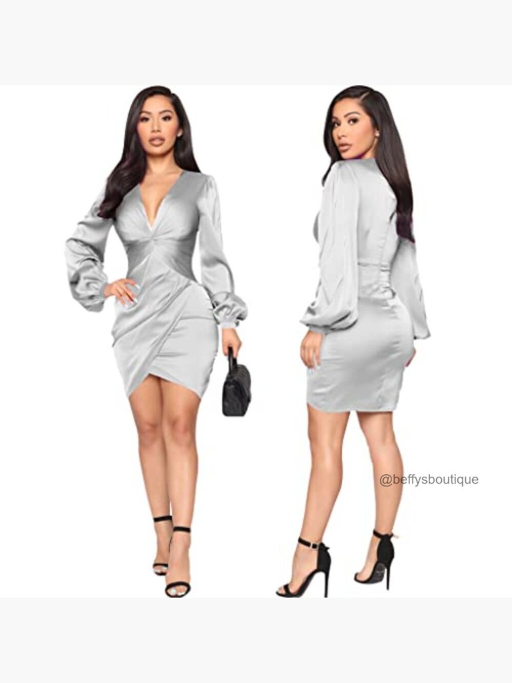 Twist Front Bodycon Midi Dress Long Sleeve Ruched Party Dress - Picture 5 of 7